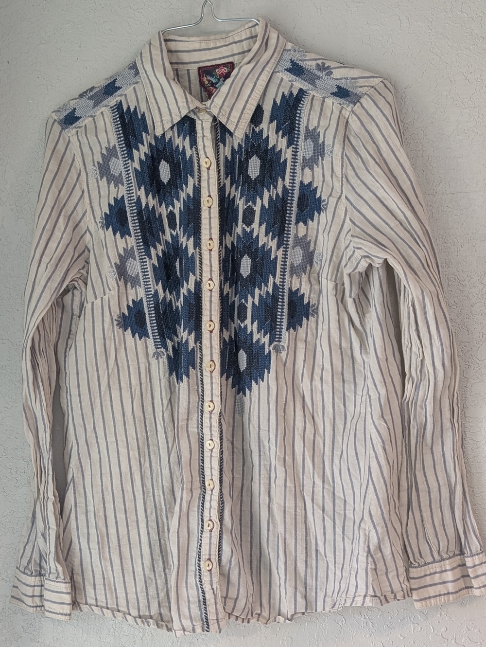 Embroidered Tribal Top S Button Up Striped Festival Boho Cottage Coastal Cowgirl